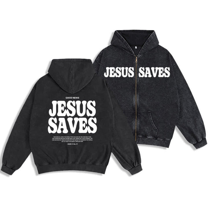 Christianartworkshop Jesus Saves Washed Oversized Streetwear Kapuzenjacke - Schwarz - 2XL - image 3