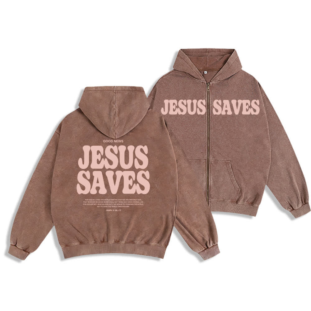 Christianartworkshop Jesus Saves Washed Oversized Streetwear Kapuzenjacke - Braun - 2XL - image 0