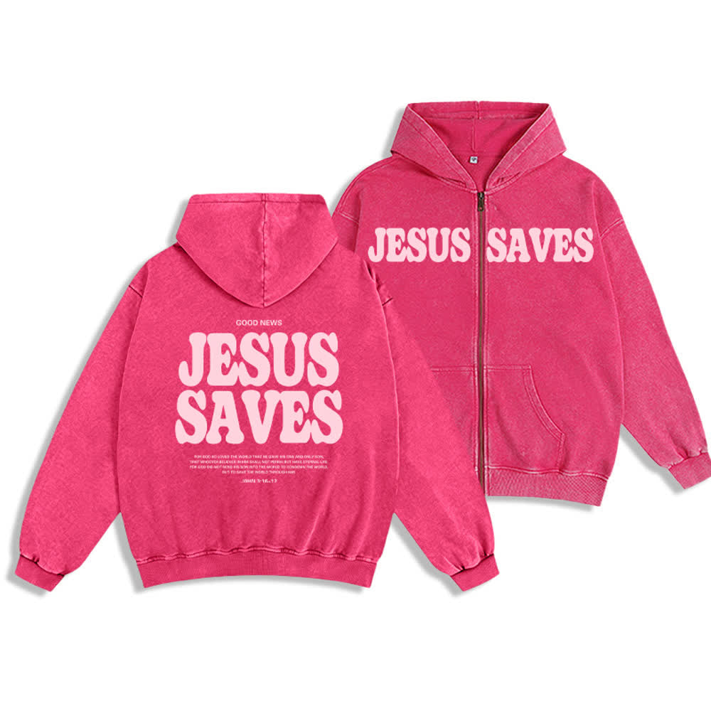 Christianartworkshop Jesus Saves Washed Oversized Streetwear Kapuzenjacke - Rosa - 2XL - image 9