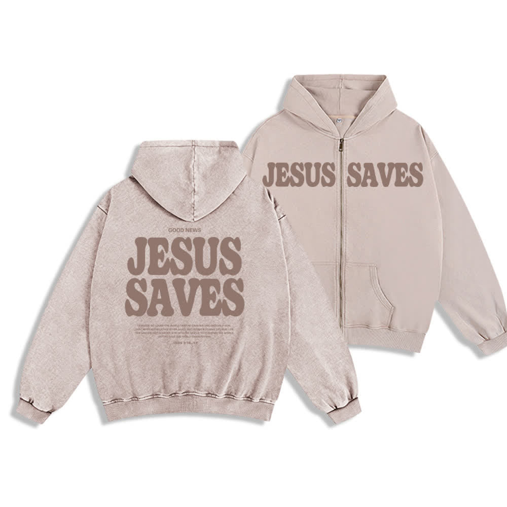 Christianartworkshop Jesus Saves Washed Oversized Streetwear Kapuzenjacke - Beige - 2XL - image 12