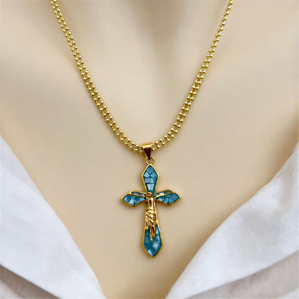 Christianartworkshop Gebogene Kreuzkette mit pastellfarbenem Muschelintarsien: Symbol des beständigen göttlichen Schutzes - Lake Blue - image 8