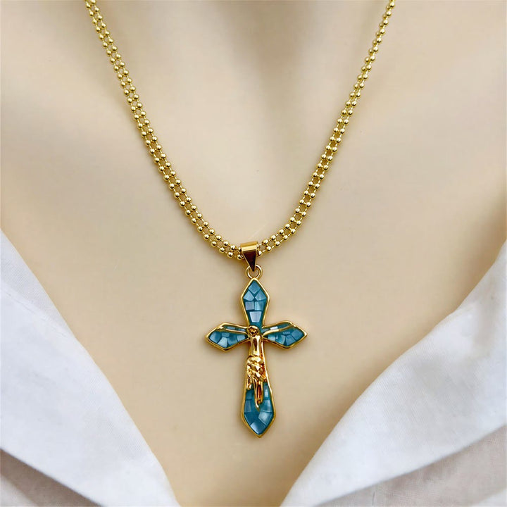 Christianartworkshop Gebogene Kreuzkette mit pastellfarbenem Muschelintarsien: Symbol des beständigen göttlichen Schutzes - Lake Blue - image 8