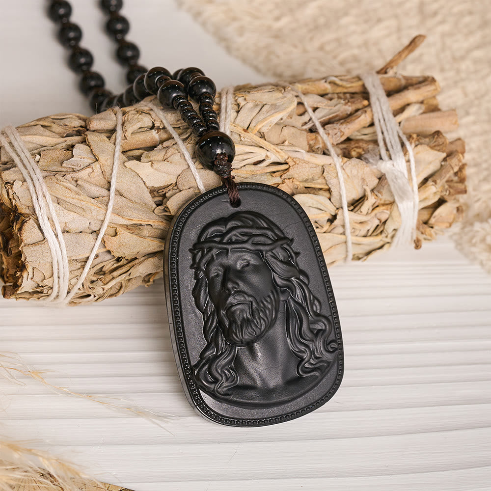 Christianartworkshop Perlenkette mit Reliefdarstellung eines Heiligenbildes: Symbol göttlichen Trostes für die tägliche Andacht - Schwarz - Jesus - image 0