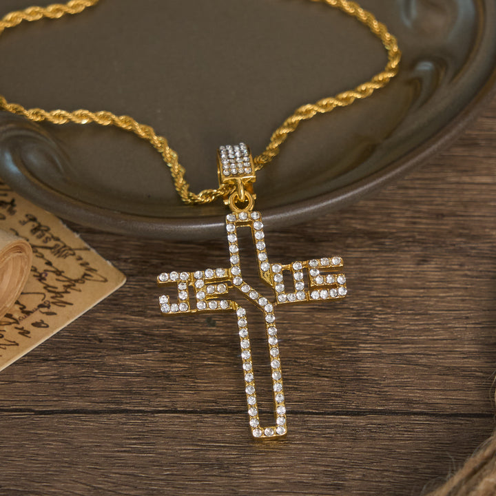 Christianartworkshop Halskette mit hohlem Jesuskreuz und eingelegten Steinen: Symbol des unerschütterlichen Glaubens - Golden - image 0