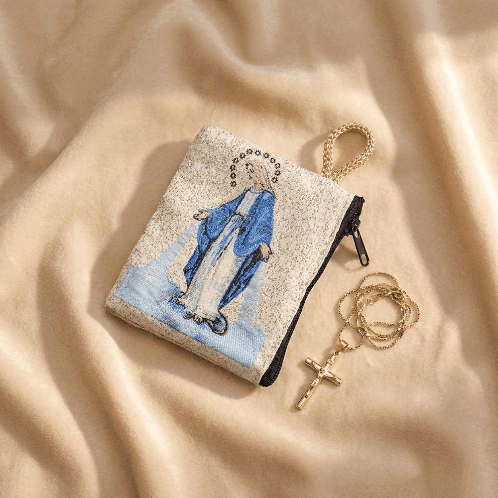 Christianartworkshop Rosenkranzetui aus bedrucktem Stoff mit heiligen Figuren: Zeichen des sanften göttlichen Friedens - Unsere Liebe Frau von der Gnade - image 1