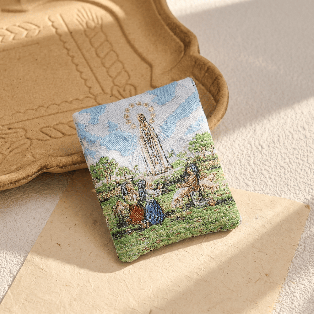 Christianartworkshop Rosenkranzetui aus bedrucktem Stoff mit heiligen Figuren: Zeichen des sanften göttlichen Friedens - Marienerscheinung von Lourdes - image 3