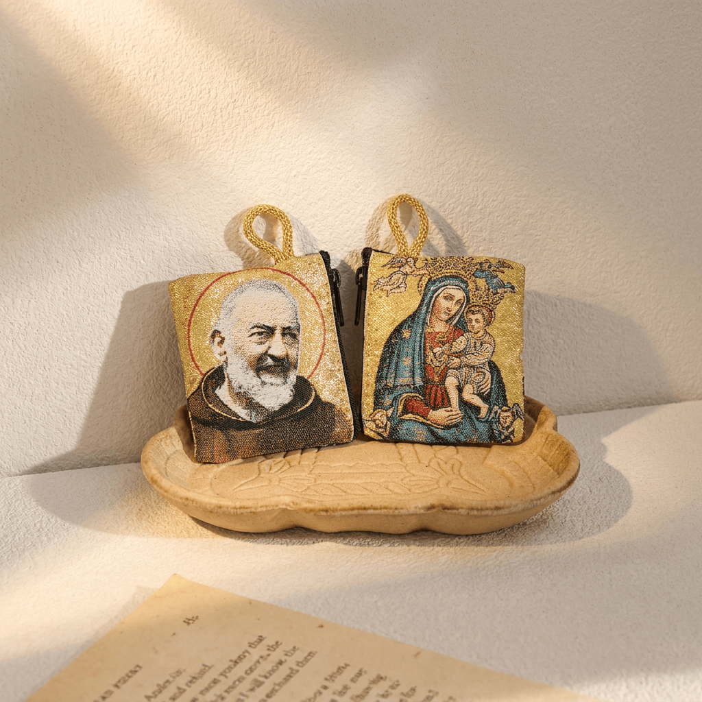Christianartworkshop Rosenkranzetui aus bedrucktem Stoff mit heiligen Figuren: Zeichen des sanften göttlichen Friedens - Der heilige Benedikt, die Madonna mit Kind - image 9