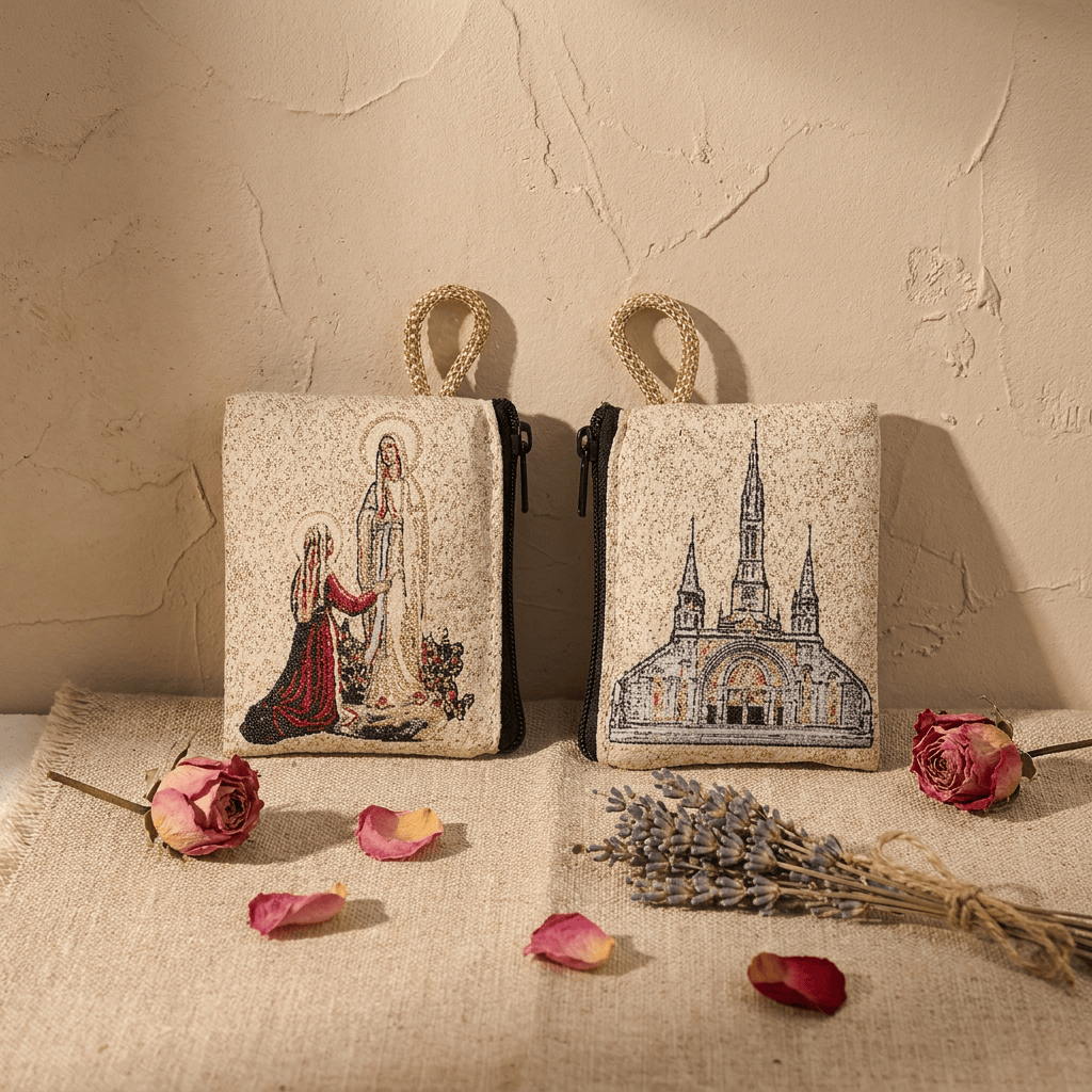 Christianartworkshop Rosenkranzetui aus bedrucktem Stoff mit heiligen Figuren: Zeichen des sanften göttlichen Friedens - Marienerscheinung von Lourdes & Basilika von Lourdes - image 8