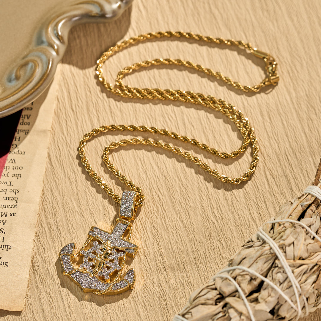 Christianartworkshop Halskette mit Ankerkreuz und Schiffssteuerradanhänger aus Stein: Symbol unerschütterlicher himmlischer Hoffnung - image 3