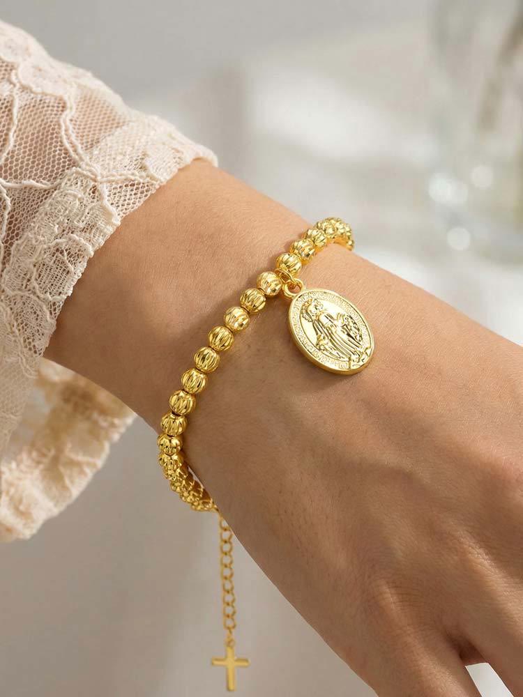 Christianartworkshop Armband mit strukturierter Perlenkette und Medaille: Symbol für anhaltende innere Stärke - Wundermedaille & Kreuz - Golden - image 38
