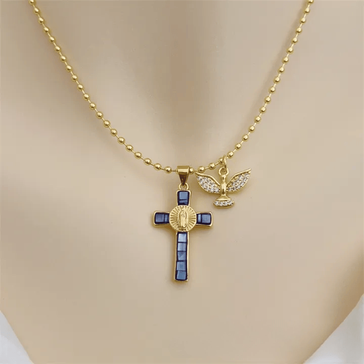 Christianartworkshop Heiliger Geist – Pastellfarbene Kreuzkette mit Einlegearbeiten – Symbol himmlischen Schutzes - Lila - image 9