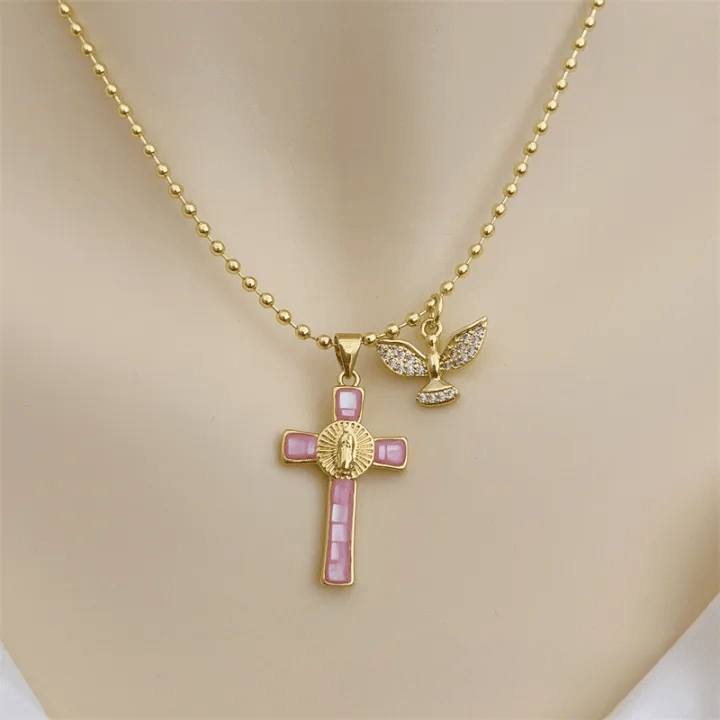 Christianartworkshop Heiliger Geist – Pastellfarbene Kreuzkette mit Einlegearbeiten – Symbol himmlischen Schutzes - Hellrosa - image 1