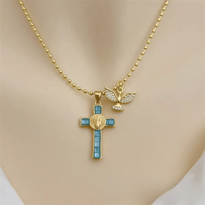 Christianartworkshop Heiliger Geist – Pastellfarbene Kreuzkette mit Einlegearbeiten – Symbol himmlischen Schutzes - Lake Blue - image 5