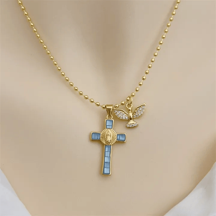 Christianartworkshop Heiliger Geist – Pastellfarbene Kreuzkette mit Einlegearbeiten – Symbol himmlischen Schutzes - Himmelblau - image 11