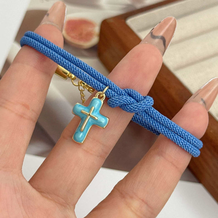 Christianartworkshop Armband mit Kreuzanhänger aus weich geknoteter Kordel: Symbol sanften, himmlischen Trostes - Königsblau - image 5