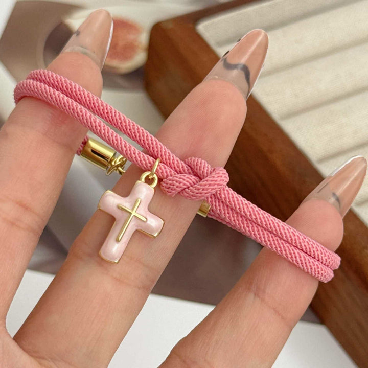 Christianartworkshop Armband mit Kreuzanhänger aus weich geknoteter Kordel: Symbol sanften, himmlischen Trostes - Rosa - image 7