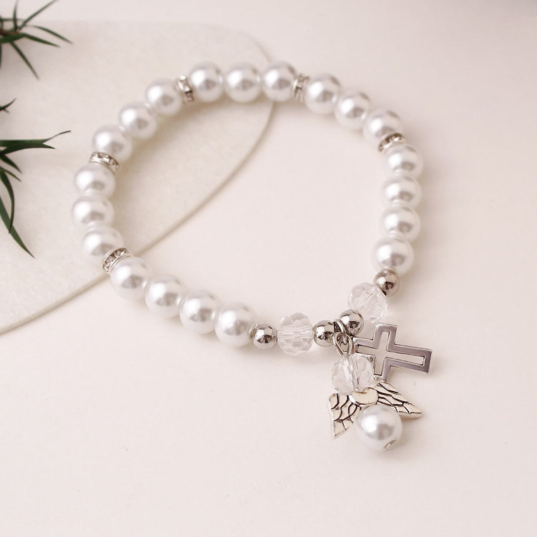 Christianartworkshop Glänzendes, perlenbesetztes Kreuz-Stretcharmband: Symbol himmlischer Reinheit - Silber - image 5