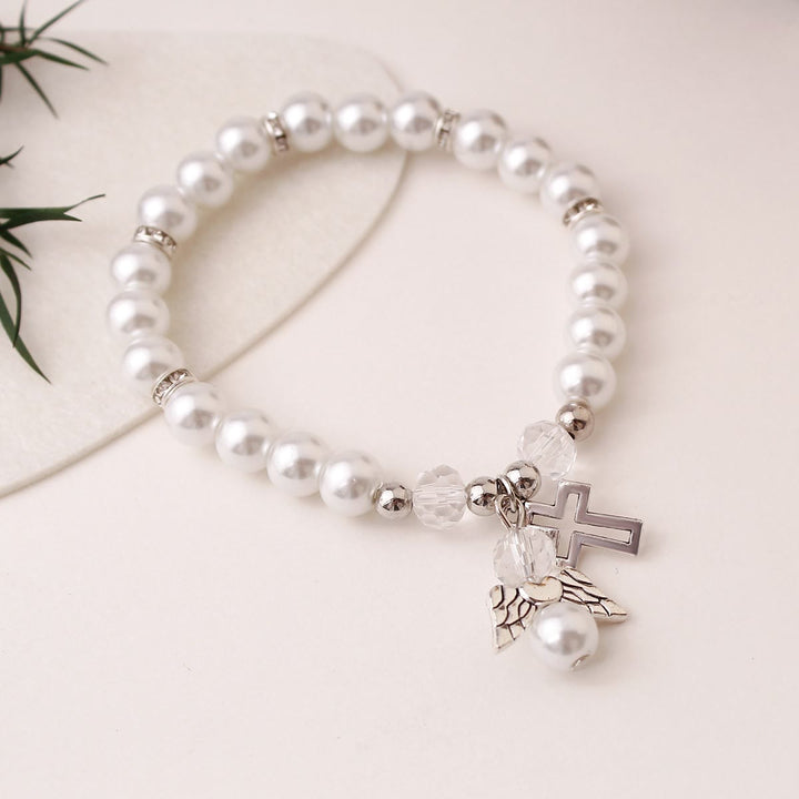 Christianartworkshop Glänzendes, perlenbesetztes Kreuz-Stretcharmband: Symbol himmlischer Reinheit - Silber - image 5