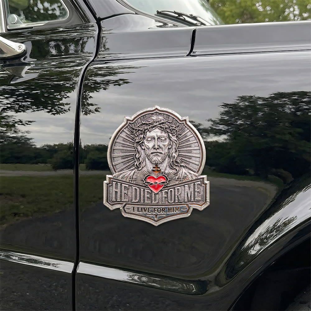 Christianartworkshop Vintage-Autoemblem aus Metall mit der Aufschrift „Er starb für mich“: Symbol grenzenloser, liebender Barmherzigkeit - image 1