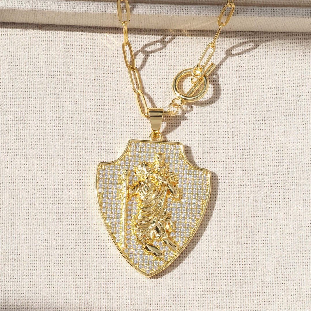 Christianartworkshop Aufwendig verzierte, schildförmige Heiligenanhänger-Halskette: Symbol himmlischen Schutzes - Vollständiges Pavé-Schild-Anhänger St.-Christophorus-Anhänger - image 4