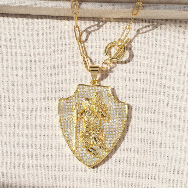 Christianartworkshop Aufwendig verzierte, schildförmige Heiligenanhänger-Halskette: Symbol himmlischen Schutzes - Vollständiges Pavé-Schild-Anhänger St.-Christophorus-Anhänger - image 4