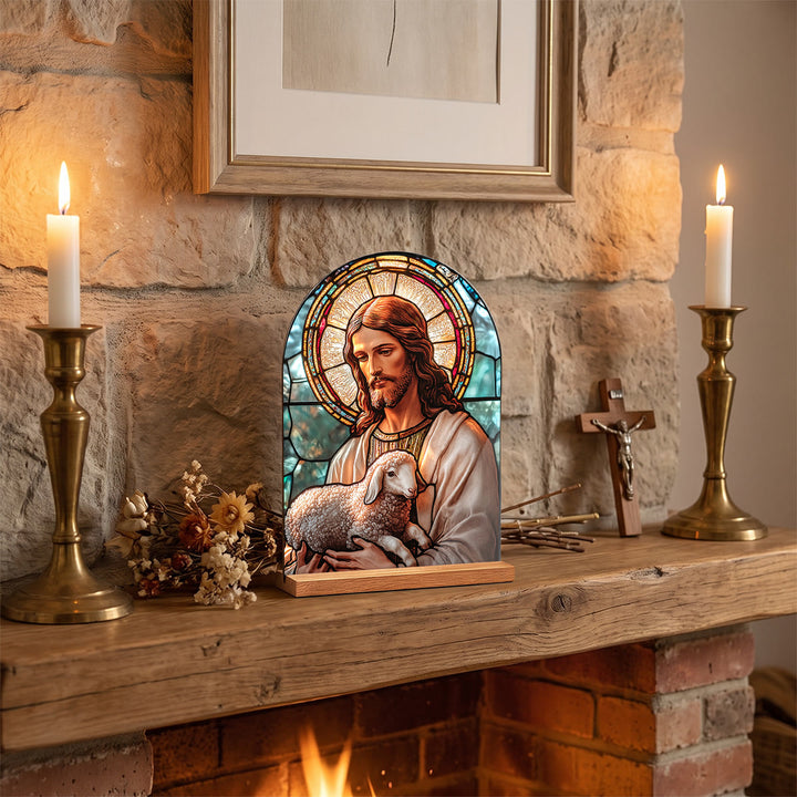 Christianartworkshop Gewölbte Tischplatte mit Holzständer, Buntglas-Kreuz, Jungfrau Maria und Jesus – Tischdekoration - Jesus - image 0
