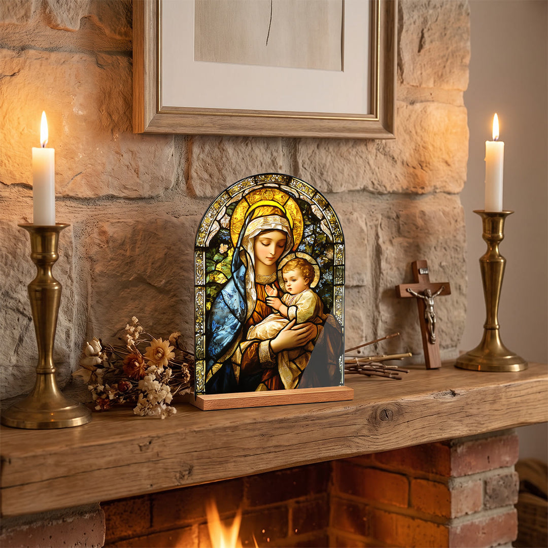 Christianartworkshop Gewölbte Tischplatte mit Holzständer, Buntglas-Kreuz, Jungfrau Maria und Jesus – Tischdekoration - Maria - image 4