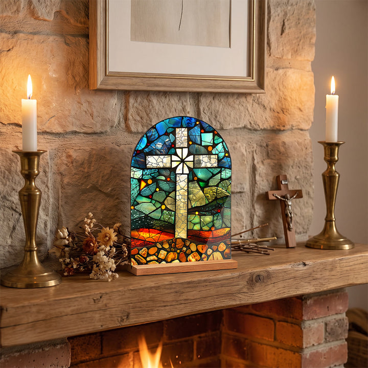 Christianartworkshop Gewölbte Tischplatte mit Holzständer, Buntglas-Kreuz, Jungfrau Maria und Jesus – Tischdekoration - Kreuzen - image 2