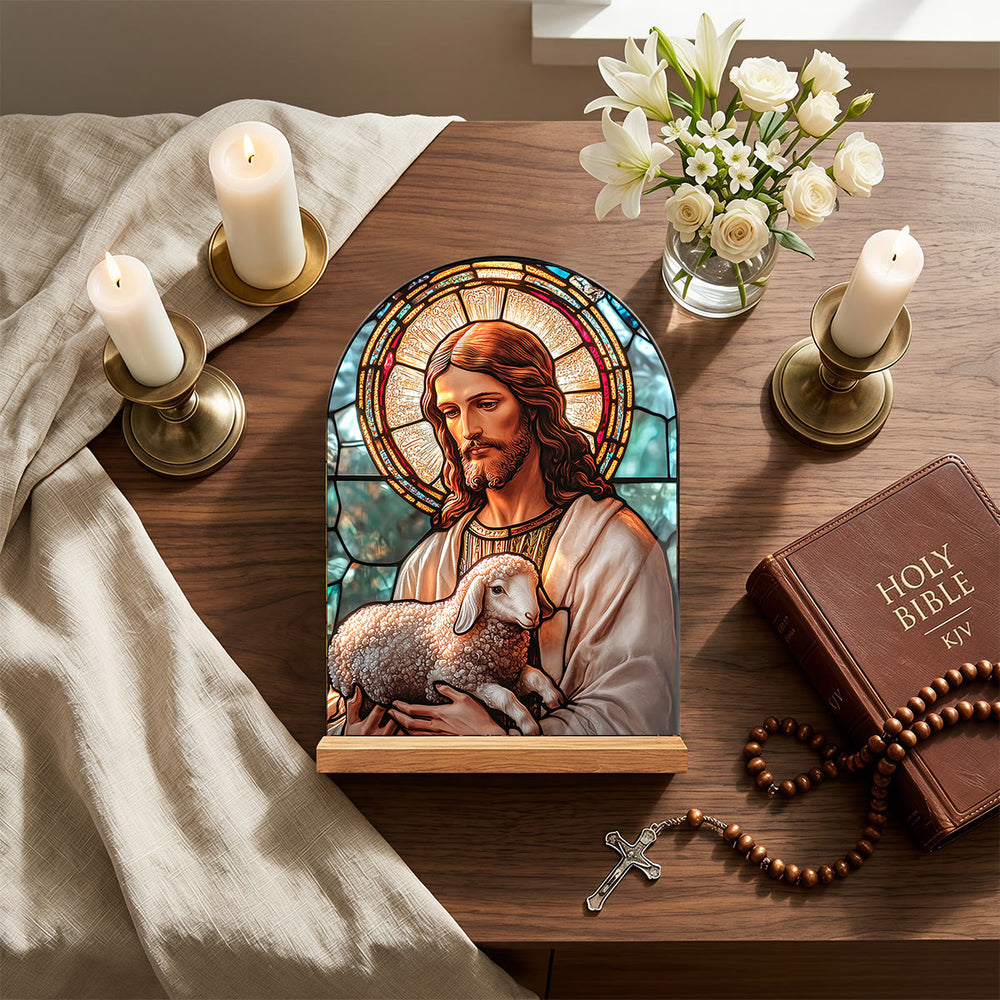 Christianartworkshop Gewölbte Tischplatte mit Holzständer, Buntglas-Kreuz, Jungfrau Maria und Jesus – Tischdekoration - image 1