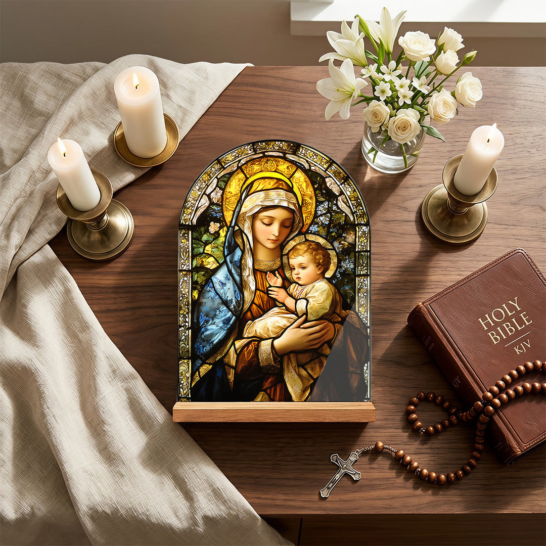 Christianartworkshop Gewölbte Tischplatte mit Holzständer, Buntglas-Kreuz, Jungfrau Maria und Jesus – Tischdekoration - image 5