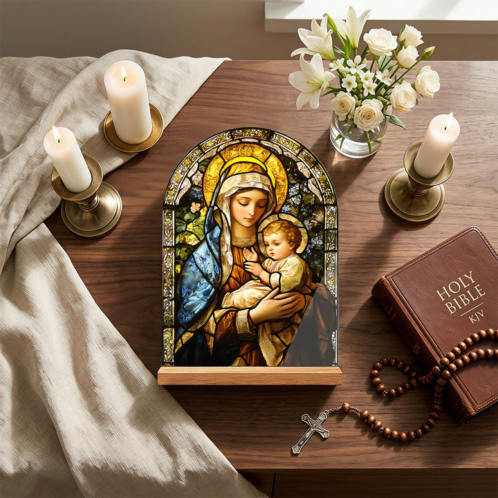 Christianartworkshop Gewölbte Tischplatte mit Holzständer, Buntglas-Kreuz, Jungfrau Maria und Jesus – Tischdekoration - image 5