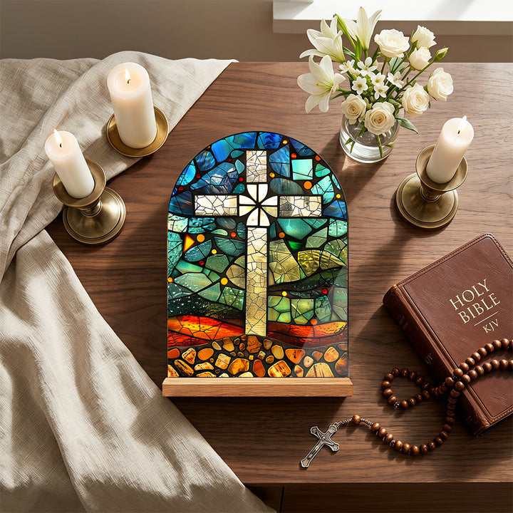Christianartworkshop Gewölbte Tischplatte mit Holzständer, Buntglas-Kreuz, Jungfrau Maria und Jesus – Tischdekoration - image 3