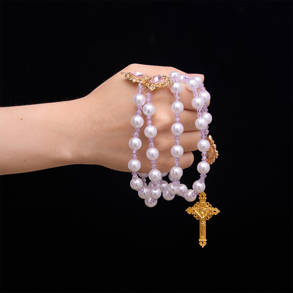 Christianartworkshop Glänzender Rosenkranz aus Perlenimitat mit antikem, vergoldetem INRI-Kreuz und heiligem Medaillon - image 1