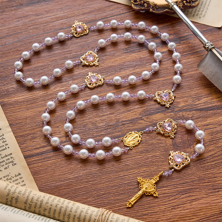 Christianartworkshop Glänzender Rosenkranz aus Perlenimitat mit antikem, vergoldetem INRI-Kreuz und heiligem Medaillon - image 4