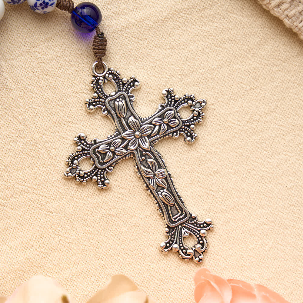 Christianartworkshop Rosenkranz aus blau-weißem Porzellan mit floralem Muster, silbernem Kreuz und Marienmedaille - image 7
