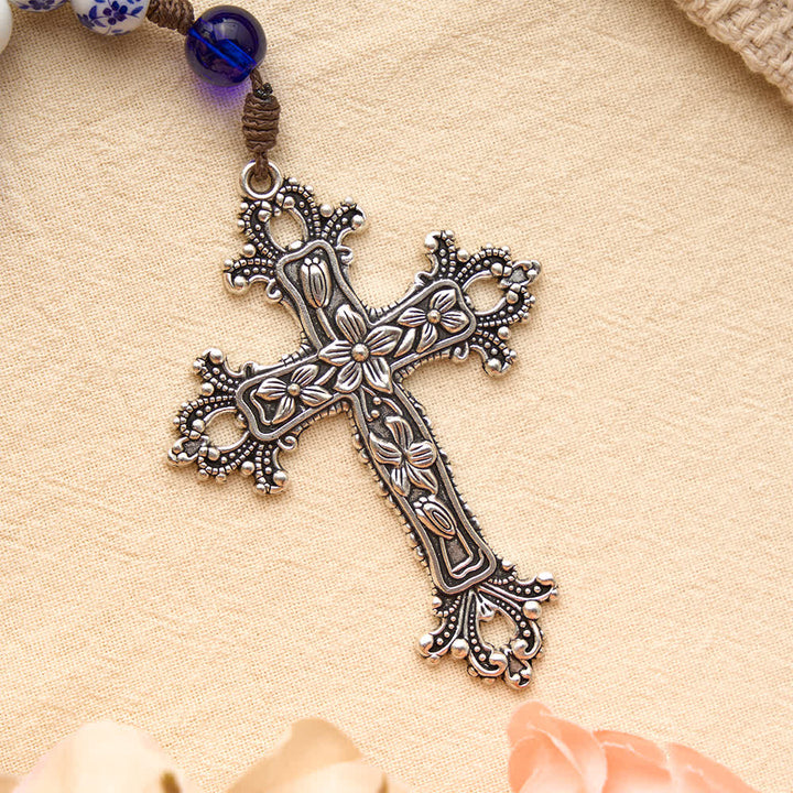 Christianartworkshop Rosenkranz aus blau-weißem Porzellan mit floralem Muster, silbernem Kreuz und Marienmedaille - image 7