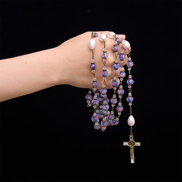 Christianartworkshop Rosenkranz aus antikfarbenen, blauen Glasperlen mit floralem Muster, Marienmedaillon und detailliertem Kruzifix - image 1