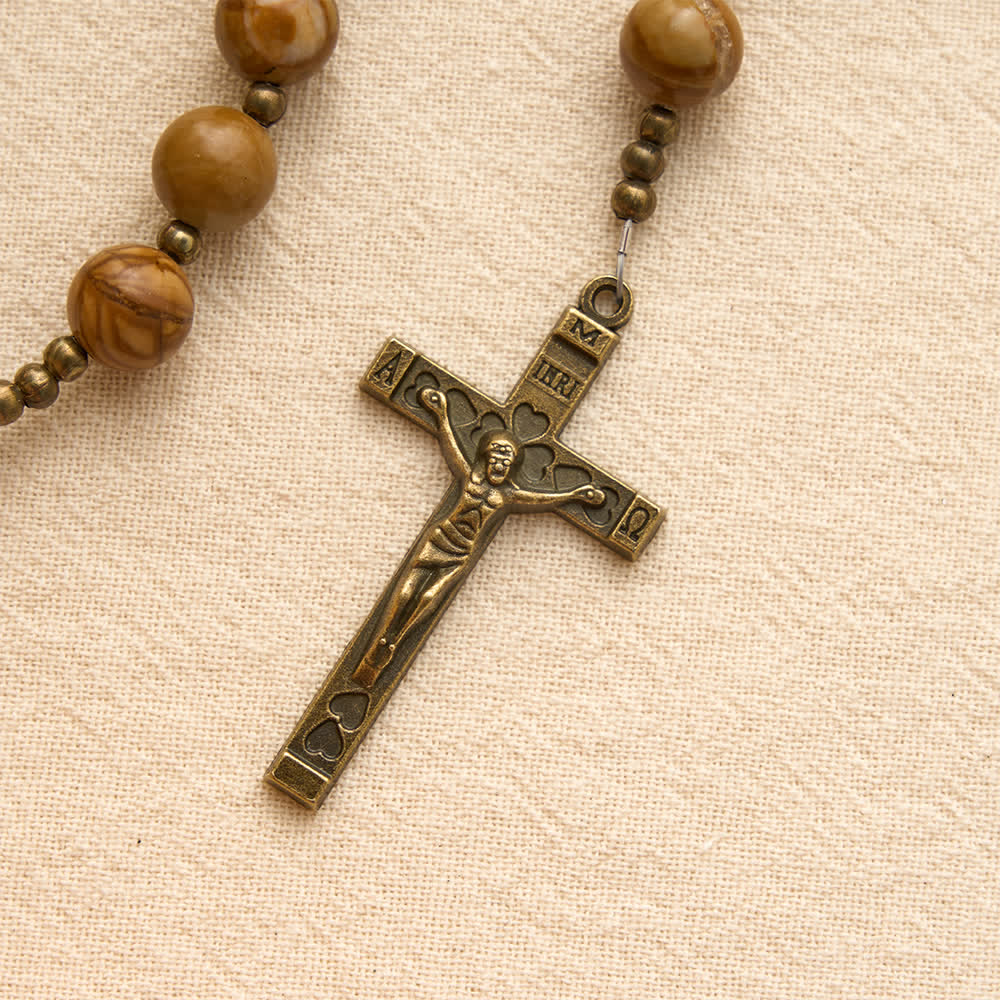 Christianartworkshop Rosenkranz aus poliertem Stein mit Holzmaserung und Marienmedaillon: Symbol des geerdeten himmlischen Trostes - image 7