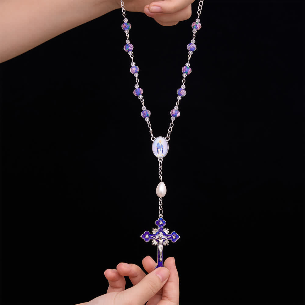 Christianartworkshop Kompakter Rosenkranz aus Glas mit Blumenmuster für Tasche und Auto mit Marienmedaillon: Symbol sanften himmlischen Trostes - image 5