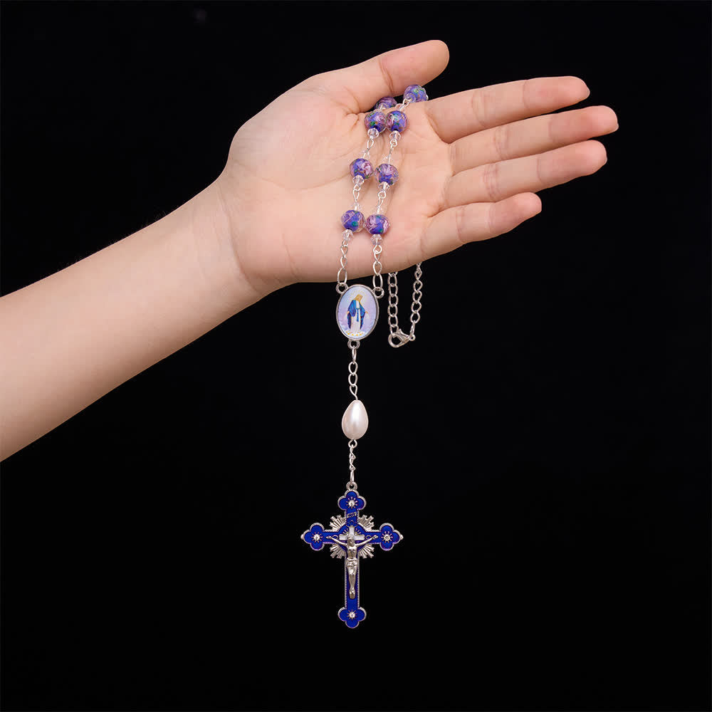 Christianartworkshop Kompakter Rosenkranz aus Glas mit Blumenmuster für Tasche und Auto mit Marienmedaillon: Symbol sanften himmlischen Trostes - image 3