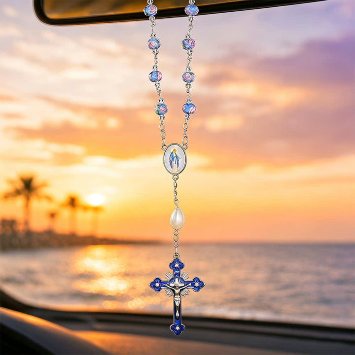 Christianartworkshop Kompakter Rosenkranz aus Glas mit Blumenmuster für Tasche und Auto mit Marienmedaillon: Symbol sanften himmlischen Trostes - image 1