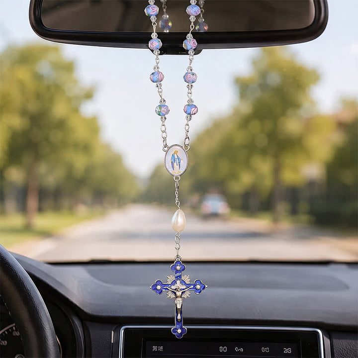 Christianartworkshop Kompakter Rosenkranz aus Glas mit Blumenmuster für Tasche und Auto mit Marienmedaillon: Symbol sanften himmlischen Trostes - Rosenkranz für Autos mit blauem Blumenmuster - image 0