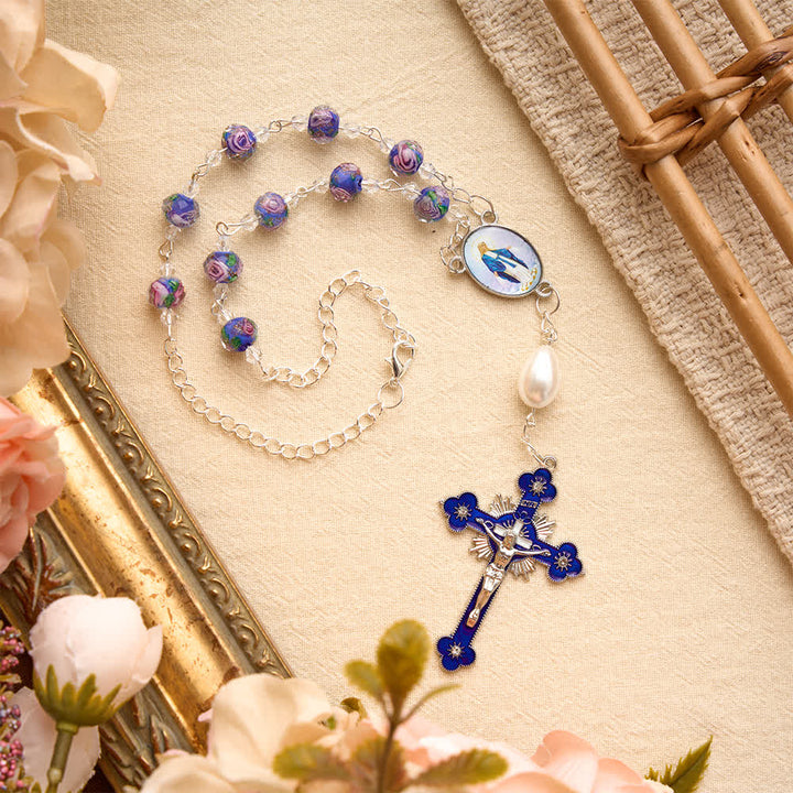 Christianartworkshop Kompakter Rosenkranz aus Glas mit Blumenmuster für Tasche und Auto mit Marienmedaillon: Symbol sanften himmlischen Trostes - image 7