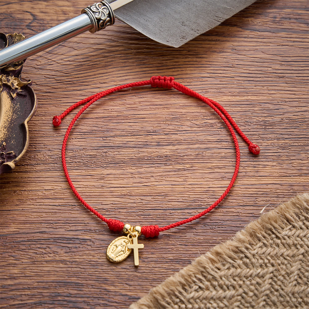 Christianartworkshop Gewebtes Armband mit geprägter Medaille: Ein tragbares Andenken an zeitlose himmlische Gnade - Unsere Liebe Frau und das Kreuz - image 0