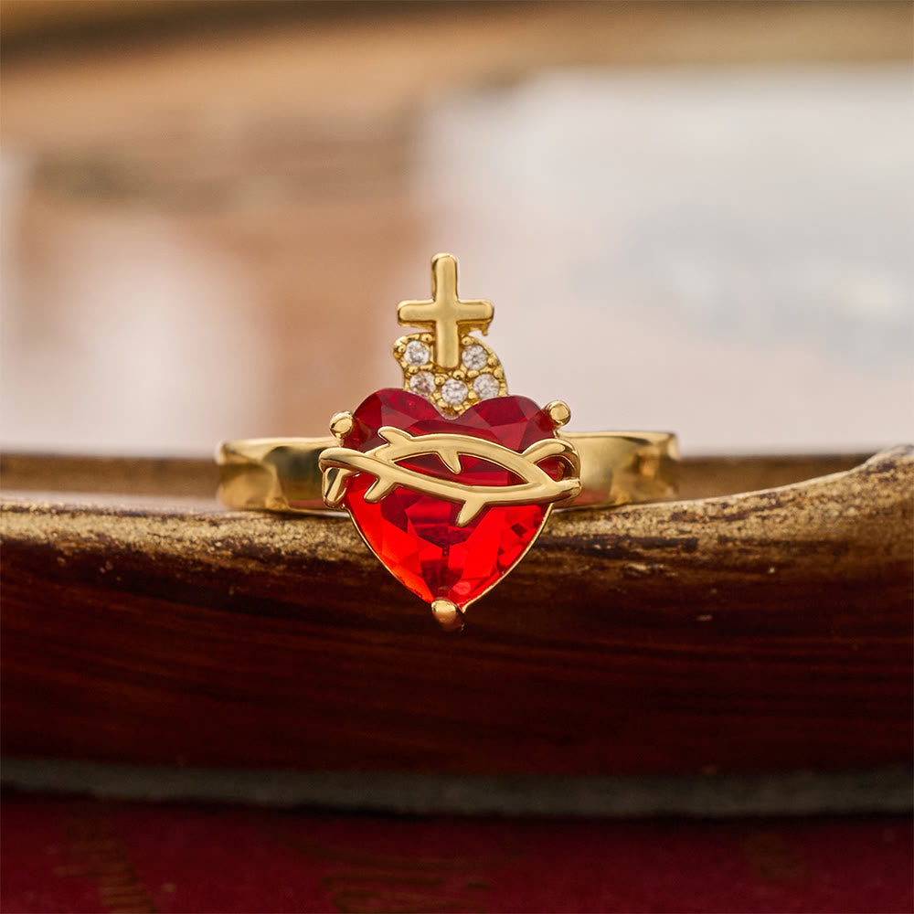Christianartworkshop Offener Ring mit geformtem Heiligen Herzen: Symbol für zärtlichen himmlischen Schutz - Sacred Heart A (Geeignet für US-Größen 6–9) - image 1
