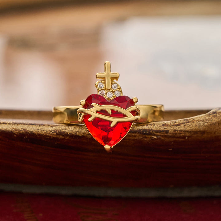 Christianartworkshop Offener Ring mit geformtem Heiligen Herzen: Symbol für zärtlichen himmlischen Schutz - Sacred Heart A (Geeignet für US-Größen 6–9) - image 1