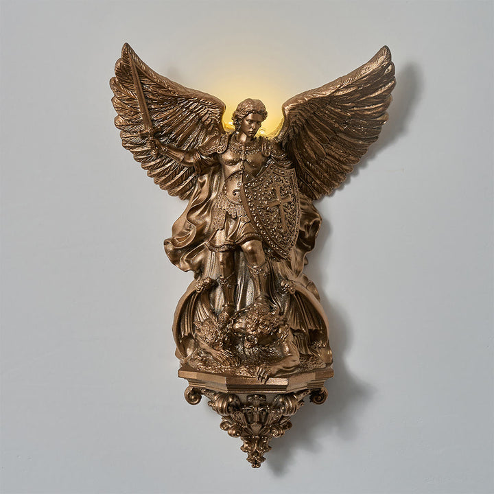 Christianartworkshop Grandiose geflügelte St.-Michael-Wandskulptur mit Hintergrundbeleuchtung: Sinnbild des edlen himmlischen Schutzes - St. Michael - image 0
