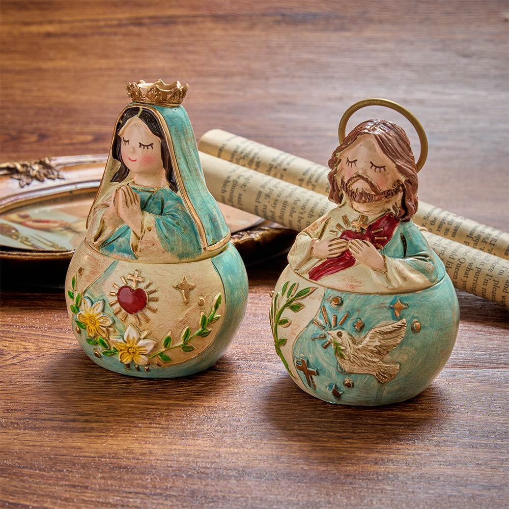 Christianartworkshop 2er-Pack verspielte Aufbewahrungsboxen für Rosenkränze mit Figuren des Heiligen Herzens, Jesus und Jungfrau Maria, dekorative Aufbewahrungsboxen für religiöse Statuen - image 0