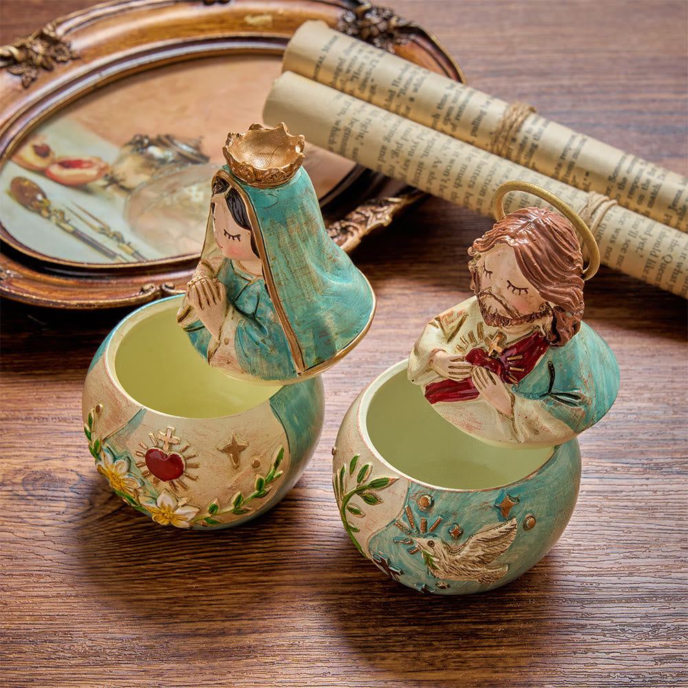 Christianartworkshop 2er-Pack verspielte Aufbewahrungsboxen für Rosenkränze mit Figuren des Heiligen Herzens, Jesus und Jungfrau Maria, dekorative Aufbewahrungsboxen für religiöse Statuen - image 1
