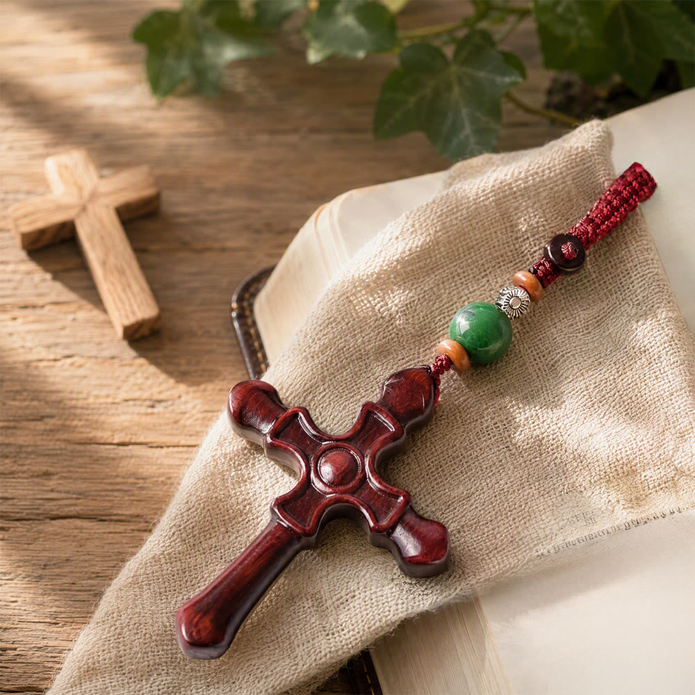 Christianartworkshop Schlüsselanhänger aus massivem, geschnitztem Kreuz aus verschiedenen Stilen: Symbol sanfter spiritueller Stärke - Rundes Blumenmuster - image 4